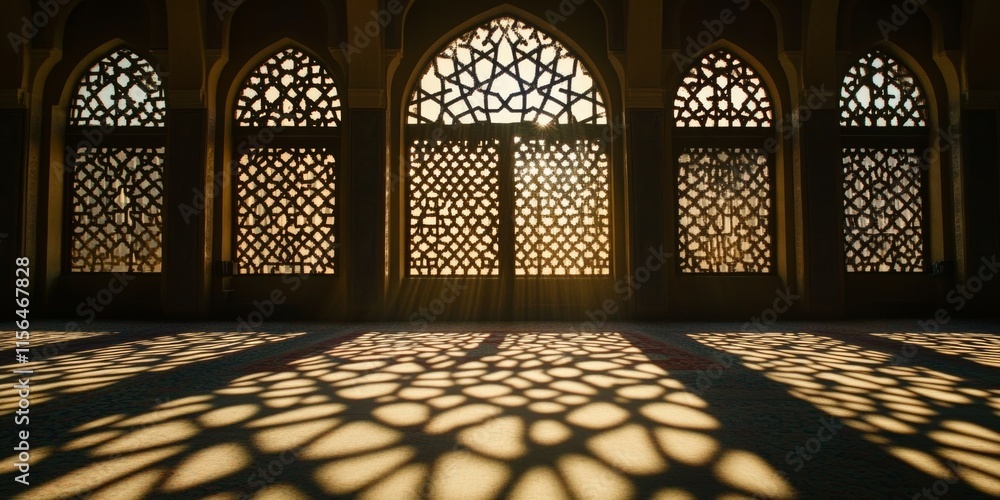 Poster a room with a window and a door. the window has a pattern of arches. the room is empty