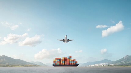 Fototapeta premium Airplane Taking Off Over a Container Ship in a Scenic Coastal Setting with Blue Skies and Fluffy Clouds