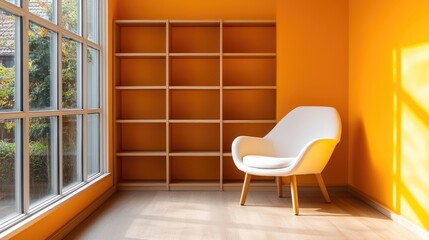 Fototapeta premium Modern Room Interior With Chair And Empty Shelving
