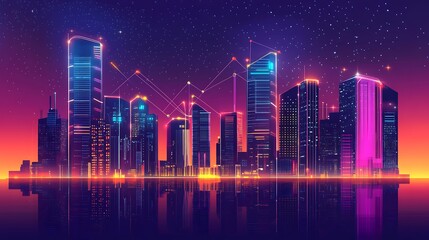 Vibrant Retro Futuristic Cityscape: Digital Illustration in a Synthwave Style. AI Generated