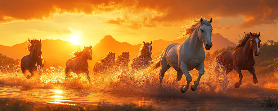 A group of horses running in the sunset, with one white horse at the head and other brown ones behind it. The background is an orange sky with mountains visible on both sides.