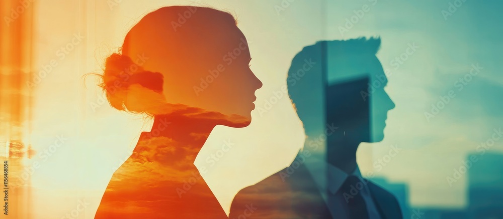 Poster abstract double exposure of professionals in meeting setting with blurred cityscape background and s