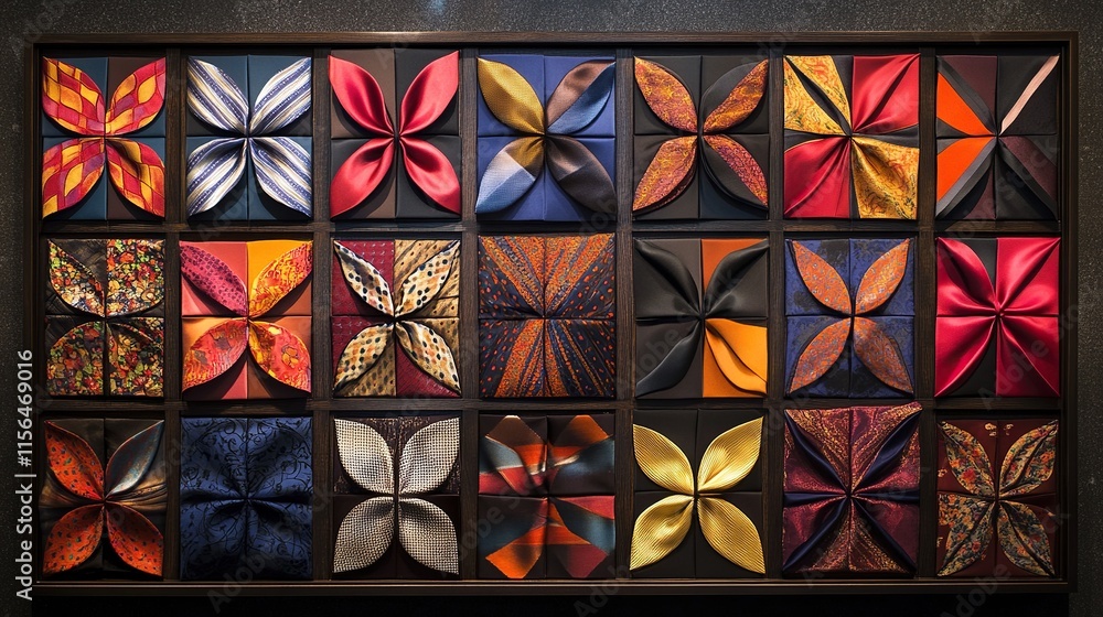 Poster a wall-mounted display of silk ties and bow ties in bold colors and patterns, each arranged with pre