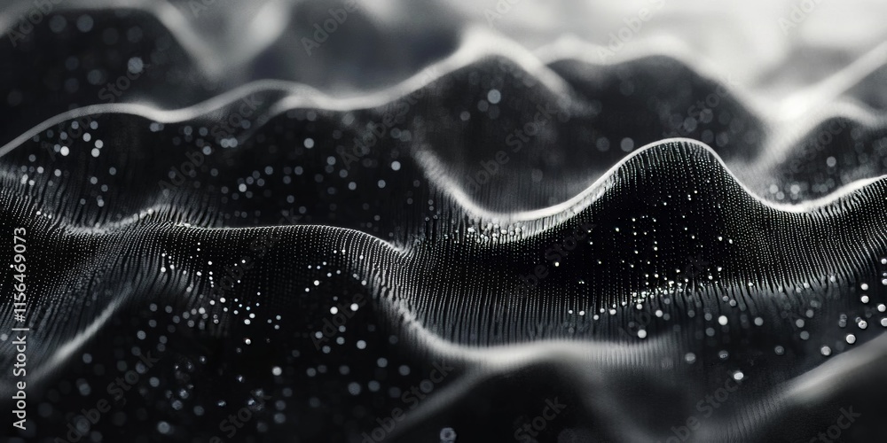 Poster abstract image featuring wavy black and white textures with sparkling particles, creating a futurist