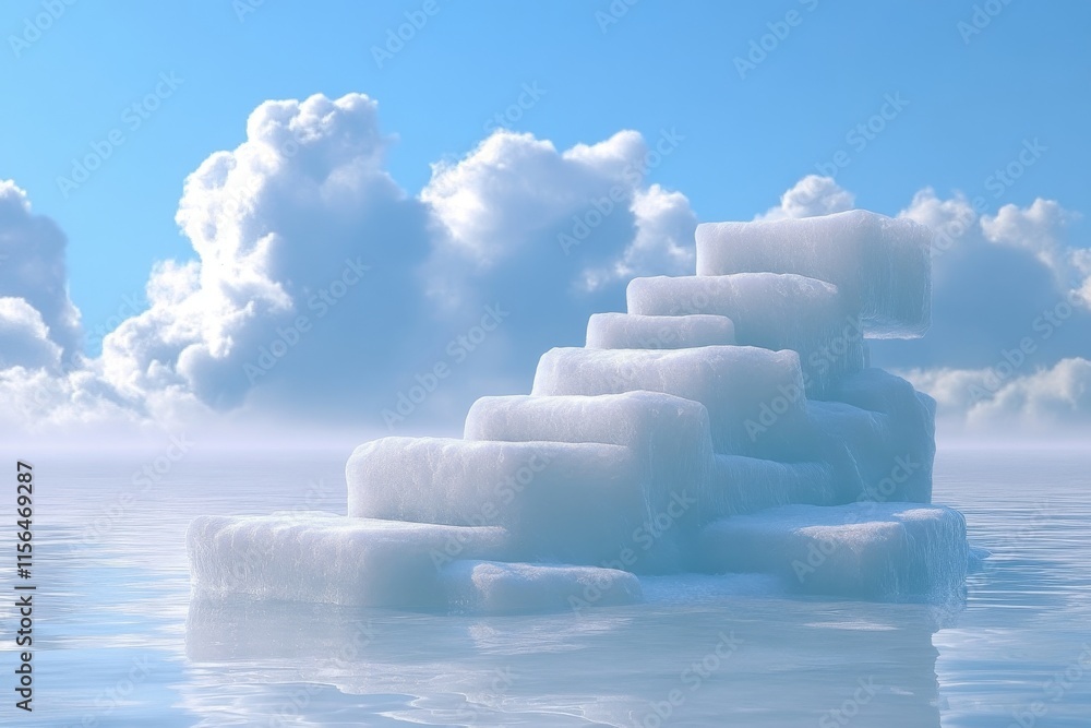Poster a large ice block is floating in the ocean. the ice block is made of many small ice cubes. the sky i