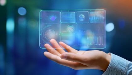 Fototapeta premium Hand holds a transparent flexible digital screen displaying various data and graphics.