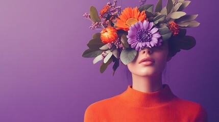 Vibrant Floral Crown Photo: Close-up Portrait Against Purple Background. AI Generated