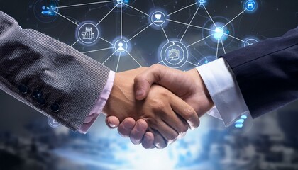 Two hands shake, with a digital overlay of technology and connection icons.