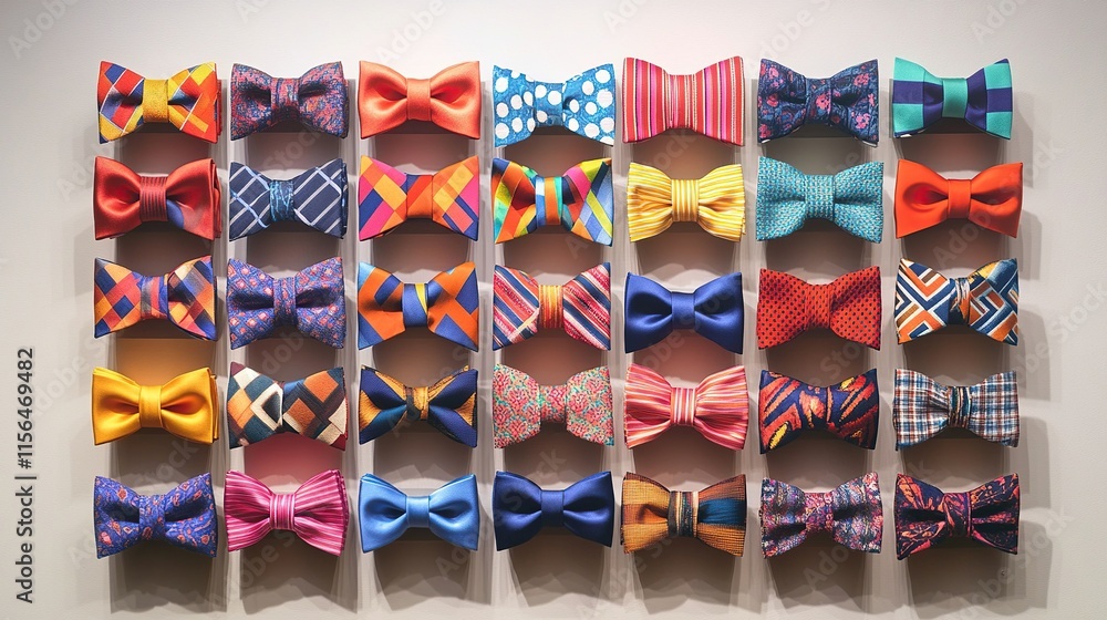 Poster a wall-mounted display of silk ties and bow ties in bold colors and patterns, each arranged with pre