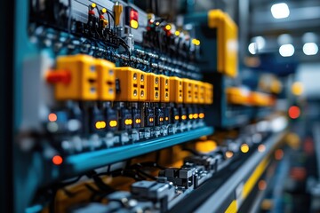 Naklejka premium Electrical cabinet with relays and terminals controlling industrial process in modern factory