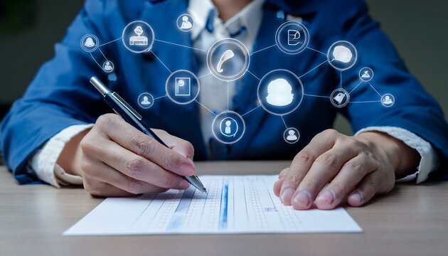 Hands write on paper, with social media and digital communication icons above.