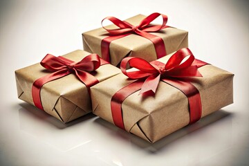 Obraz premium Vintage Eco-Friendly Gift Boxes with Red Ribbons - Sustainable Packaging Stock Photo