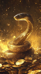 Golden Cobra Surrounded by Treasure and Flowers