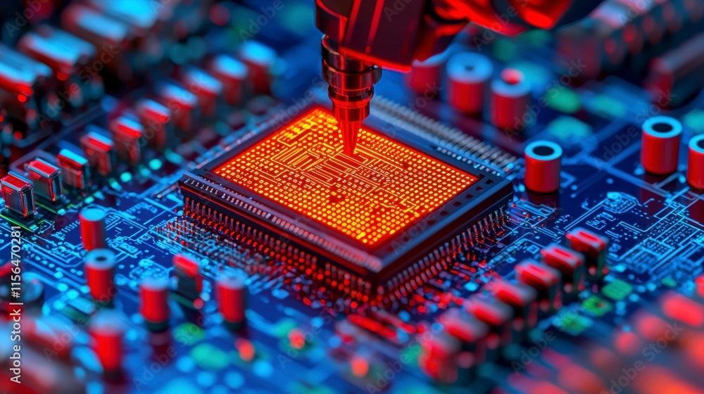 Poster high tech chip manufacturing robotic arm assembling microprocessor