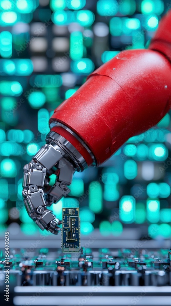 Poster robotic arm handling electronic components on assembly line