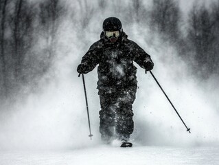 Fototapeta premium Snowy Mountain Adventure: Skier Navigates Through Blustery Snowstorm, Showcasing the Thrill of Winter Sports and Outdoor Exploration in Extreme Conditions