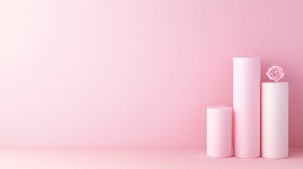 Minimalist pink podiums with decorative flower on top create soft, elegant display