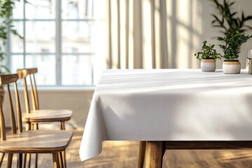A cozy dining area with a white tablecloth, wooden chairs, and potted plants, illuminated by soft natural light through a window.