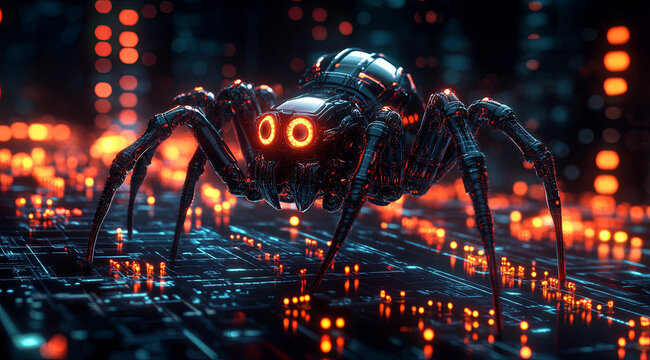 A futuristic spider with neon lights and holographic effects, perched on top of an interactive digital interface displaying webcomic