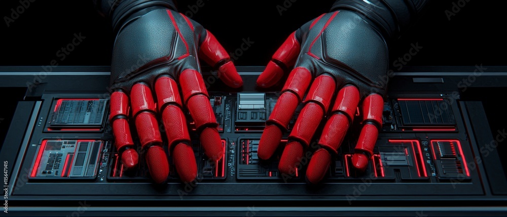 Poster robotic hands operating futuristic tech interface