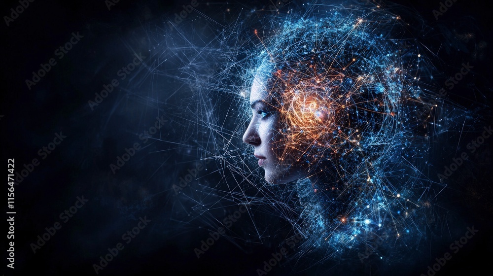 Poster Intertwining neural networks illuminate human consciousness digital realm visual art abstract profile view ai concept