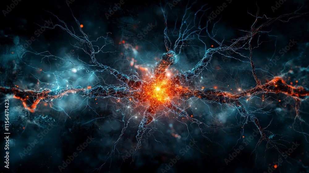 Poster Ai neural networks intertwining in a glowing digital landscape abstract concept art modern technology futuristic view