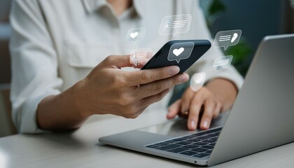 Hands use phone and laptop, with social media notifications displayed above the devices.
