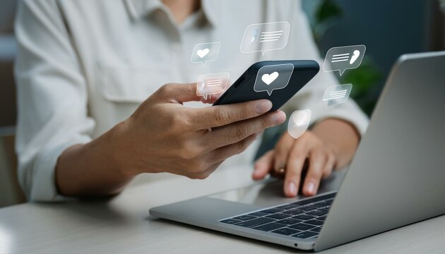 Hands use phone and laptop, with social media notifications displayed above the devices.