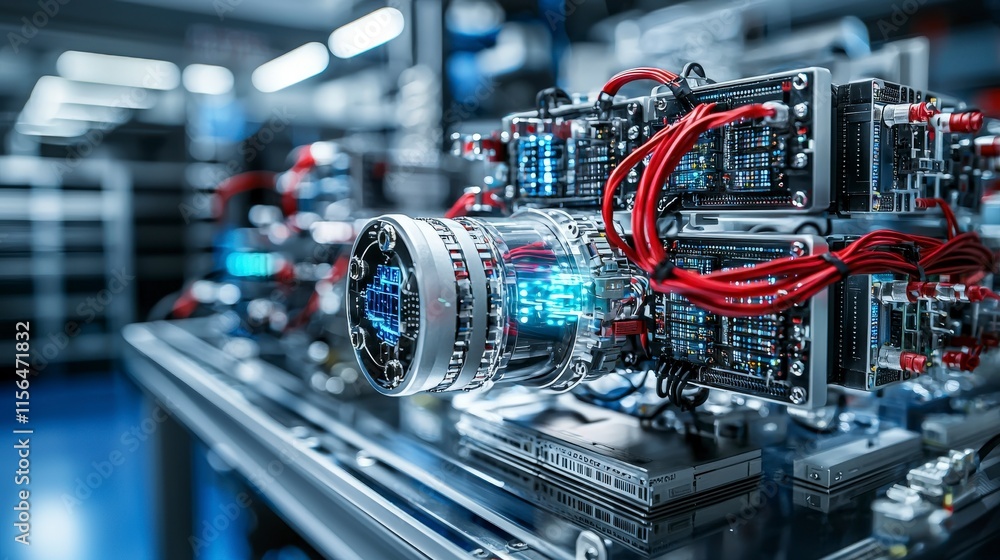 Poster Advanced security system components high-tech lab close-up image industrial environment technological perspective