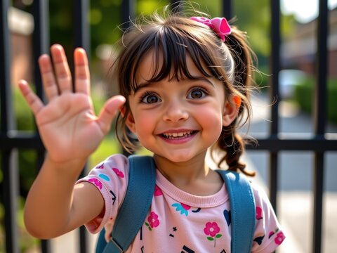 Happy Little Girl Waving Preschool Backpack Outdoors Child