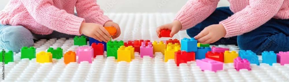 Poster children playing with colorful building blocks on a white surface, engaging in creative activities a