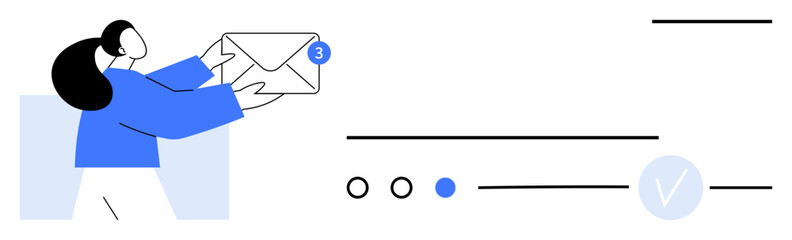 Person receiving an email envelope with a notification for three unread messages. Ideal for communication, work, notifications, emails, messaging, online services, updates. Line metaphor