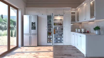 Modern kitchen with white cabinetry and open refrigerator showcasing organized food items.
