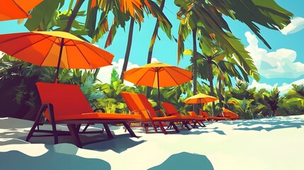 Obraz premium Tropical Paradise: Idyllic Beach Scene with Orange Umbrellas and Lounge Chairs