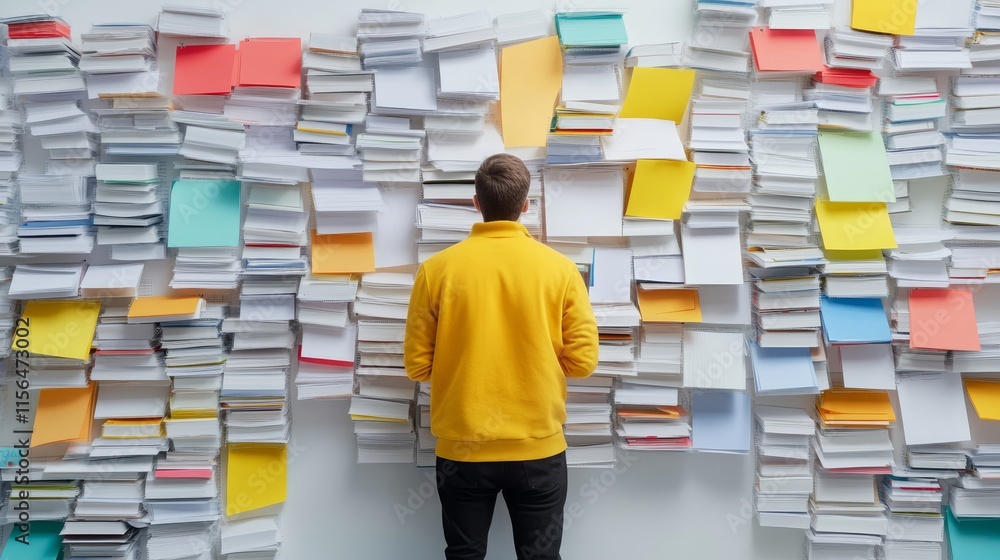 Aufkleber person in yellow sweater standing in front of a wall covered with stacks of books and colorful paper