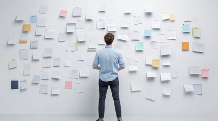 Obraz premium Person Analyzing a Wall Covered with Notes and Papers in an Office Environment, Signifying Brainstorming, Planning, and Creative Thinking Processes