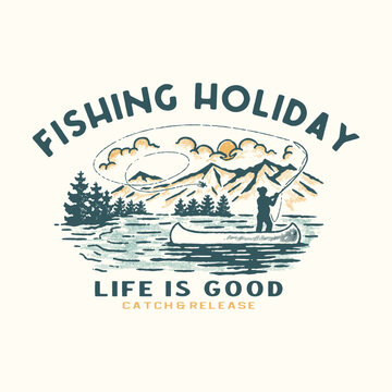 fishing illustration holiday graphic lake design mountains badge outdoor vintage adventure
