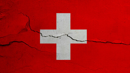 Switzerland flag on cracked wall background, flag with crack line