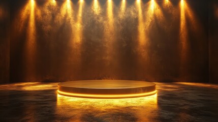 Tall golden podium with a smooth surface, glowing under bright lights