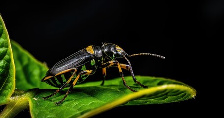 A close-up of a black and yellow insect on a green leaf against a dark background.