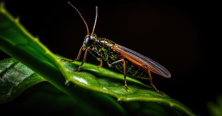 A close-up of a colorful insect perched on a green leaf against a dark background.