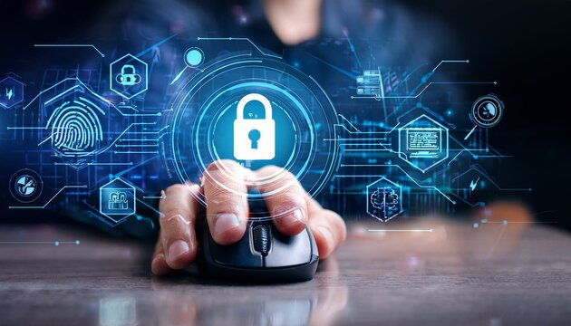 A hand uses a computer mouse. Digital security icons and data display over the image - Powered by Adobe