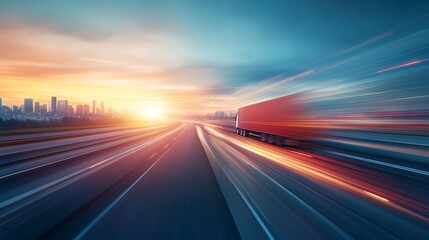 Dynamic Motion of a Truck on a Highway at Sunset with a Vibrant Skyline in the Background Reflecting Urban Energy and Movement in a Fast-Paced World