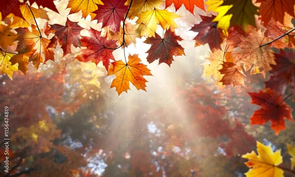 Aufkleber sunlit autumn leaves form a frame over soft bokeh backdrop.