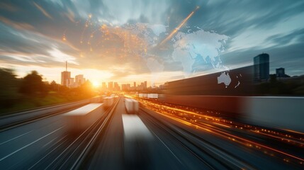 Obraz premium Dynamic Urban Traffic with Blurred Motion and Global Connectivity Illustrated by World Map Overlay Against a Stunning Sunset Backdrop