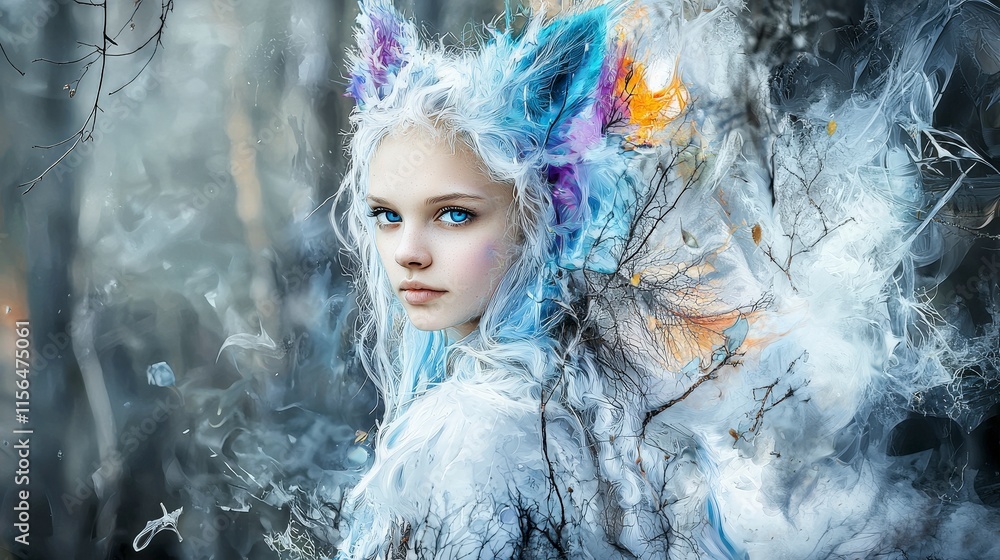 Aufkleber ethereal fantasy creature encounter in enchanted forest digital artwork mystical environment close-u