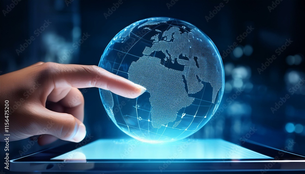Poster a finger touches a transparent device with a digital globe displayed.