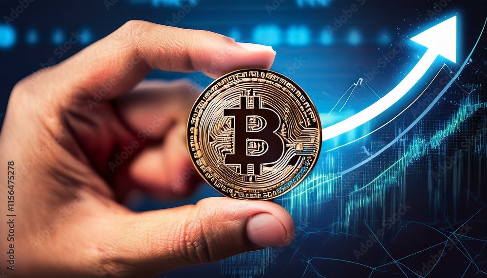Poster a hand holds a bitcoin with a rising arrow and data in the background.