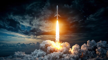 Private aerospace company launches commercial spa rocket spaceport event cloudy sky dramatic view innovative experience