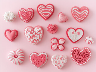 Fototapeta premium Romantic Red Hearts Background on Pastel Pink Table Flat Lay for Valentines Day and Anniversary Design
